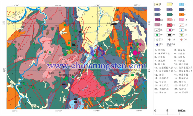 黃婆地鎢鋅多金屬礦區域地質構造及礦產分佈圖