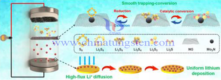 Mo2N@NG/PP隔膜的Li-S電池的機理示意圖（圖源：Yuanfu Chen/Advanced Functional Materials）