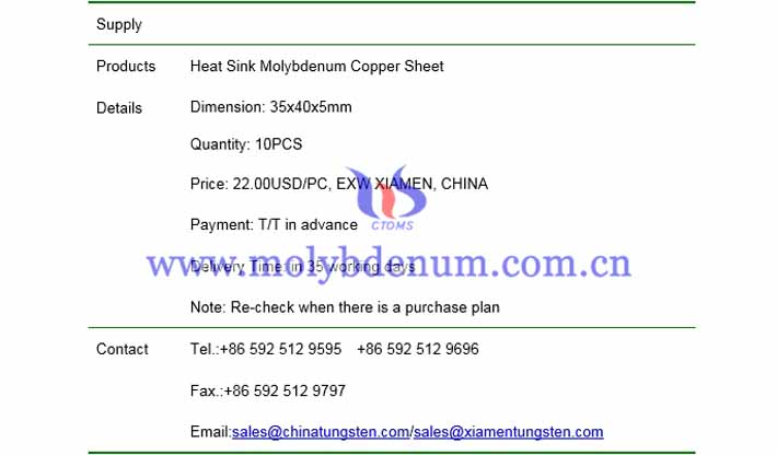 heat sink molybdenum copper sheet price picture