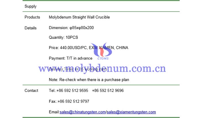 molybdenum straight wall crucible price picture