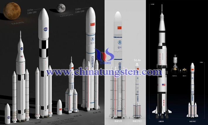 外媒设想的长征九号、长征五号和土星五号重型运载火箭等的尺寸对比图片