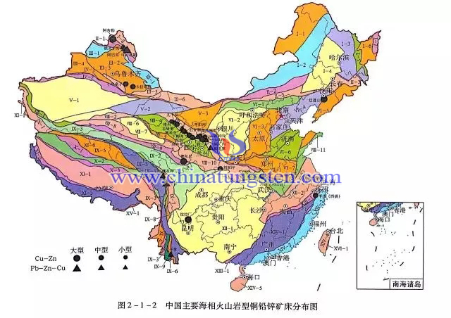 中国主要海相火山岩型铜铅锌矿床分布图