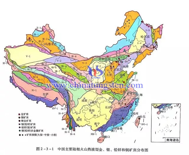 中国主要陆相火山热液型金、银、铅锌和铜矿床分布图