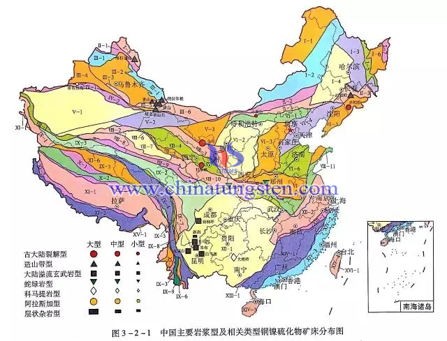 中国主要岩浆型及相关类型铜镍硫化物矿床分布图