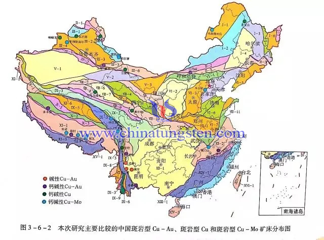 本次研究主要比较的中国斑岩型Cu-Au、斑岩型Cu和斑岩型Cu-Mo矿床分布图