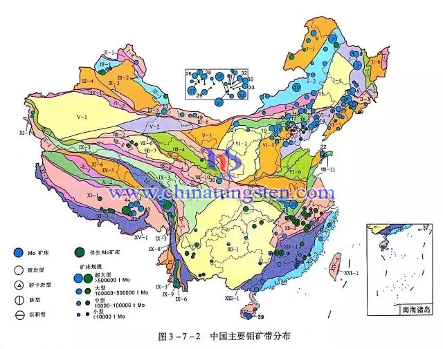 中国主要钼矿带分布