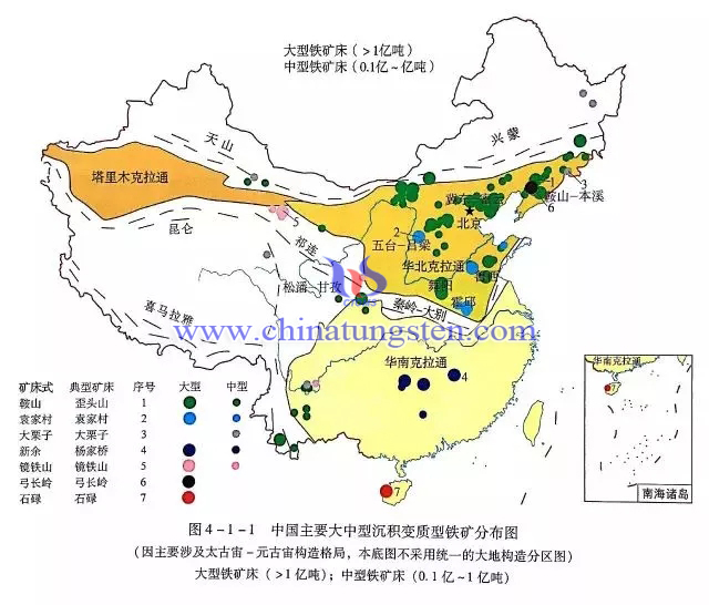 中国主要大中型沉积变质型铁矿分布图