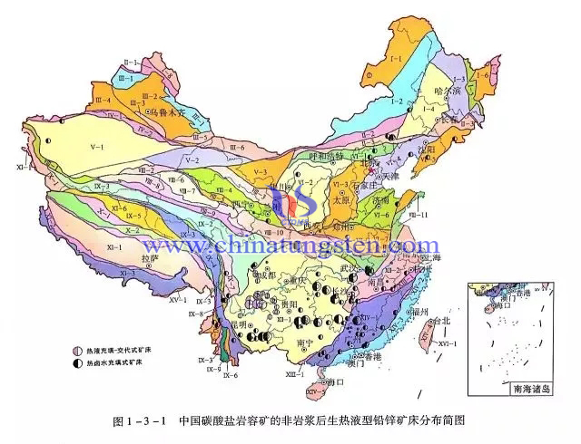 中国碳酸盐岩容矿的非岩浆后生热液型铅锌矿床分布简图